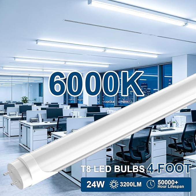 JESLED Flourescent Light Bulbs Replacement 4FT,T8 Led Bulbs 4 Foot Type A+B,24W 3200LM 6000K Frosted,Dual-End Powered,F32T8 or F40T12 Fluorescent Bulbs,Office Shop Warehouse Lights 25Pack