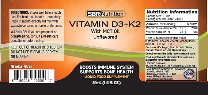 SBR Nutrition MAX Absorption, Vitamine D3 + K2 (MK-7) en gouttes liquides avec huile MCT, sans arôme, aide à soutenir la solidité des os et la santé cardiaque