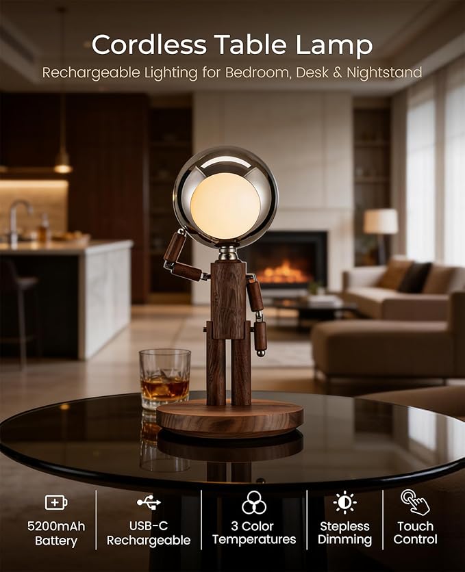 Cordless Table Lamp, Rechargeable Wooden Desk Lamp with Touch Control & Stepless Dimming, 3 Color Temperatures, Bedside Lamp for Bedroom Nightstand Office, Home Decor, Unique Gifts, Black Walnut
