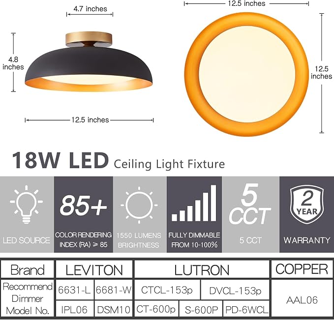 Bargeni Flush Mount Ceiling Light, Mid Century Black&Gold Fixture | 12.5" ETL-listed LED ceiling light with 5CCT dimming, ideal for bedrooms, kitchens, hallways and entryways