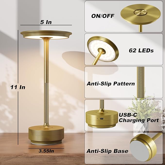 TBBGA 1 Pack Cordless Table Lamps Rechargeable, Portable 5000mAh Battery Operated Lamp, 3 Color Stepless Dimming LED Table Light with Memory Function, for Outdoor/Dinner/Patio/Restaurant.(Gold)