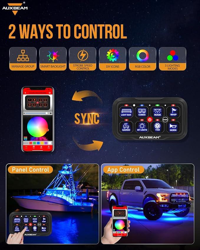 Auxbeam 8 Gang Switch Panel Bluetooth AR-800 RGB APP Control with Backlit Off Toggle Momentary Pulsed Auxiliary Switch Panel for Truck SUV ATV UTV RV Multifunction 12-24V Waterproof 3 Years Warranty