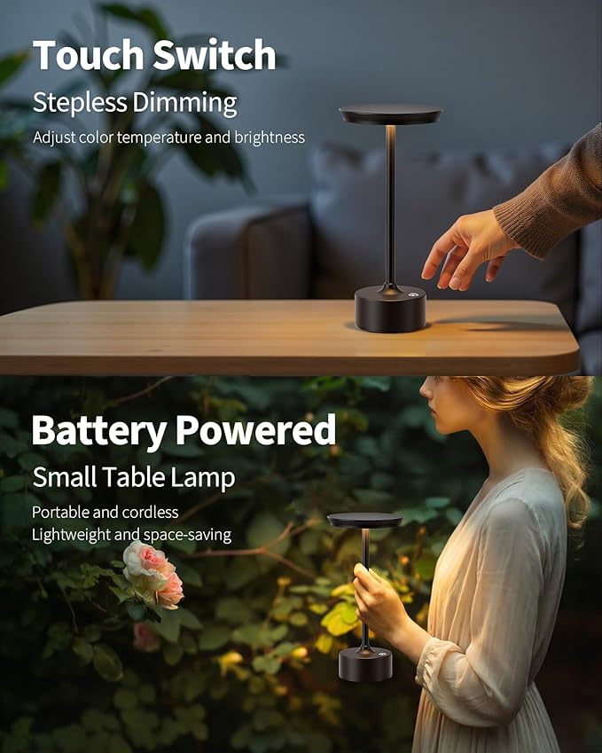PUSU Rechargeable Table Lamps Set of 2, Black Cordless LED 4000mAh Battery Desk Lamp, Stepless Dimming & 3 Color 2700K-6000K, Portable Lamp for Bedroom, Living Room, Restaurant, Outdoor, Night Light