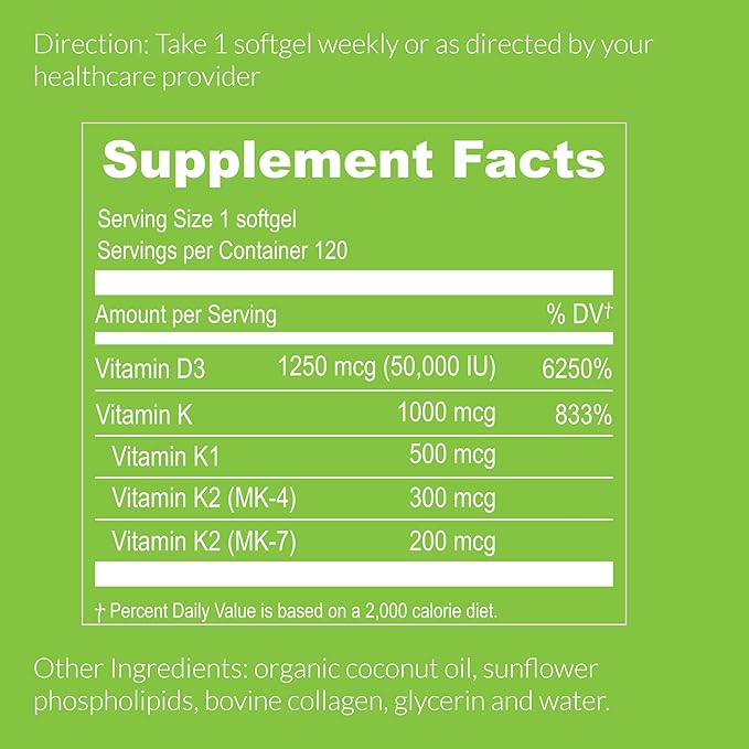 UpNourish リポソームビタミンD3 50000 IU (ビタミンD3 50000) 1000 mcg ビタミンK配合、高用量ビタミンD3 K2、ビタミンD 50000 IU K1、K2 MK-4、MK-7配合、ミニソフトジェル120粒