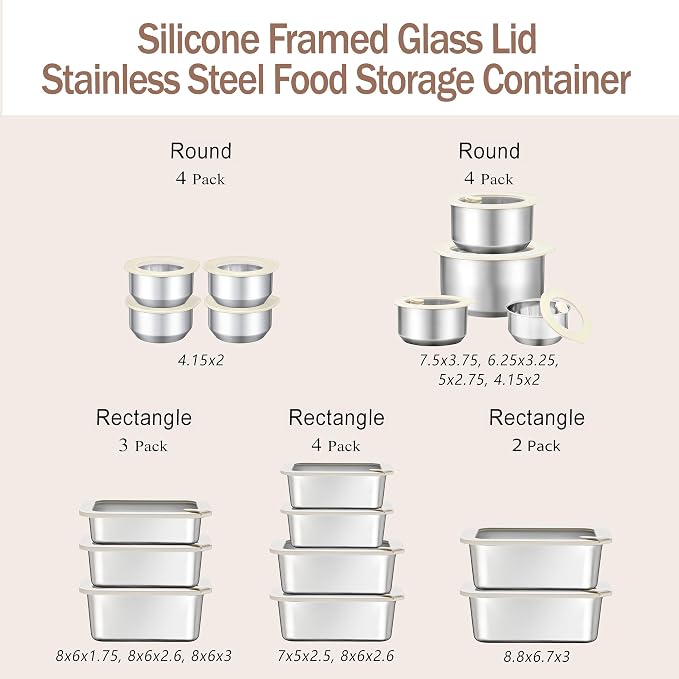 Urban Green Stainless Steel Food Containers with Glass Lid, Large Airtight Leakproof Stainless Steel Storage Containers in set of 2, Rectangle Shape, Microwave Safe, 100% Plastic Free