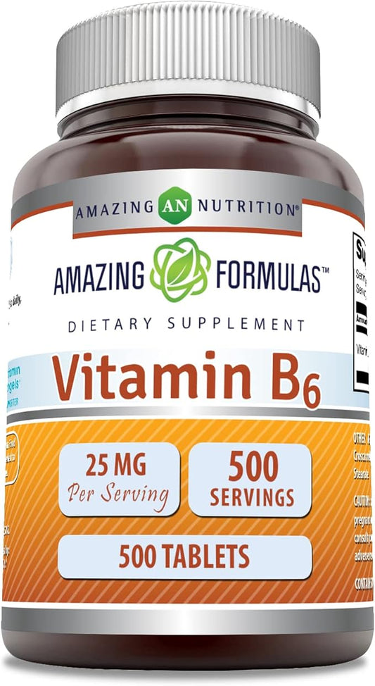 Amazing Formulas Vitamin B6 (Pyridoxine) 25 Mg Supplement | Tablets | Non-GMO | Gluten-Free | Made in USA (1 Pack | 500 Count)