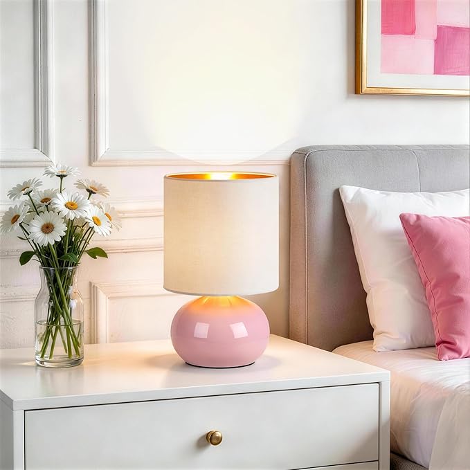 Hamucd Ceramic Table Lamps Set of 2, Modern Classic Bedside Lamps for Nightstand, Small Table Lamp for Bedroom Living Room Desk End Table (Pink)