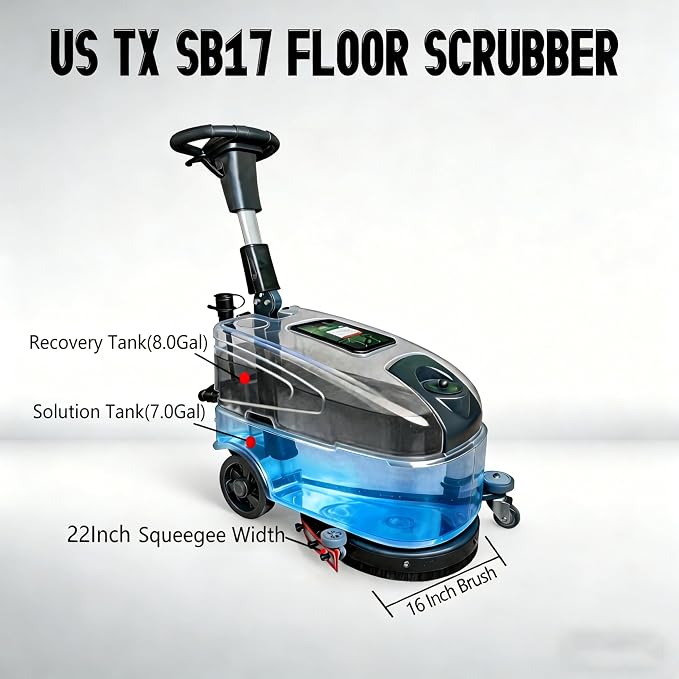 Walk-Behind Commercial Floor Scrubber Machine, 16″ Cleaning Width, 24V Battery Powered Scrubber Dryer with 7 Gal Tank for Retail, Office & Facility Floor Cleaning (US-TX-SB17)