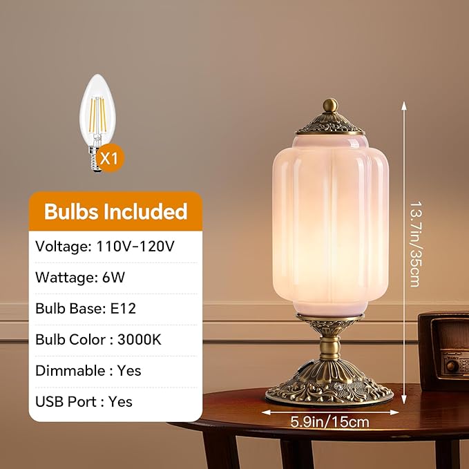 Milk Glass Table Lamp, Touch Control with USB Charging Port Vintage Bedside Desk Lamp Stepless Dimming for Bedroom Living Room Nightstand Led Bulbs Included （Purple）