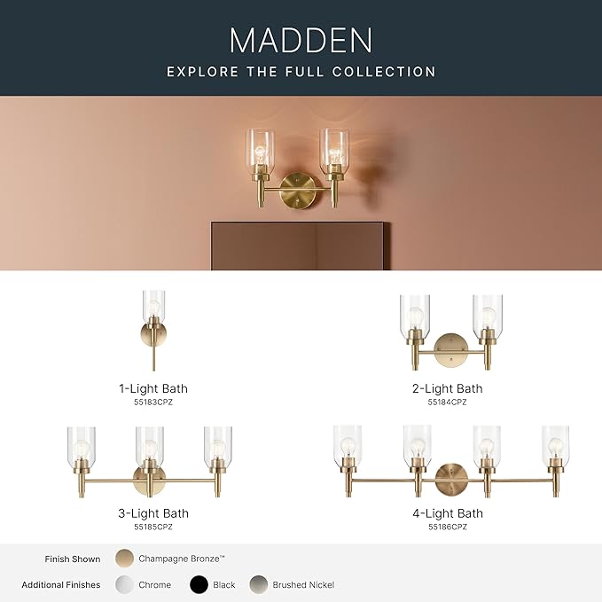 Kichler Madden 2-Light Bathroom Vanity Light Fixture with Clear Glass Shades, Modern Wall Mount Lighting in Champagne Bronze for Single or Double Vanity (10.5" x 14.25"), 55184CPZ