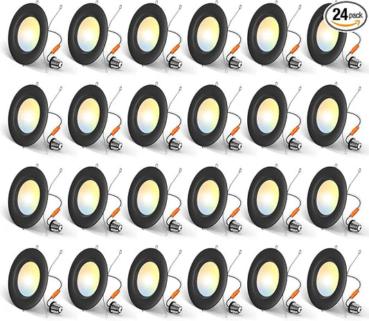 Amico 24 Pack 5/6 inch 5CCT LED Recessed Lighting, Dimmable, 12.5W=100W, 950LM, 2700K/3000K/4000K/5000K/6000K Selectable, Retrofit Can Lights with Baffle Trim, IC Rated - ETL & FCC, Black
