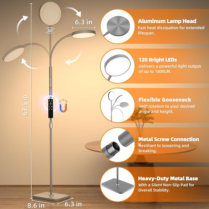 PACOVY Floor Lamp, Adjustable Height Floor Lamps for Living Room Bedroom, 120 LED Super Bright Standing Lamp Remote Control Dimmable Gooseneck Tall Stand Reading Lamp for Office Craft, Matte Gray