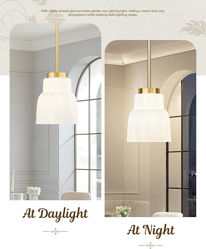 FEMILA 6.7" Kitchen Pendant Lighting Over Island, 3 Pack Brushed Gold Pendant Lighting, Milk Glass Hanging Light Fixtures for Bedroom Hotel Dining Room, 4FYD87MIL-3PK BG
