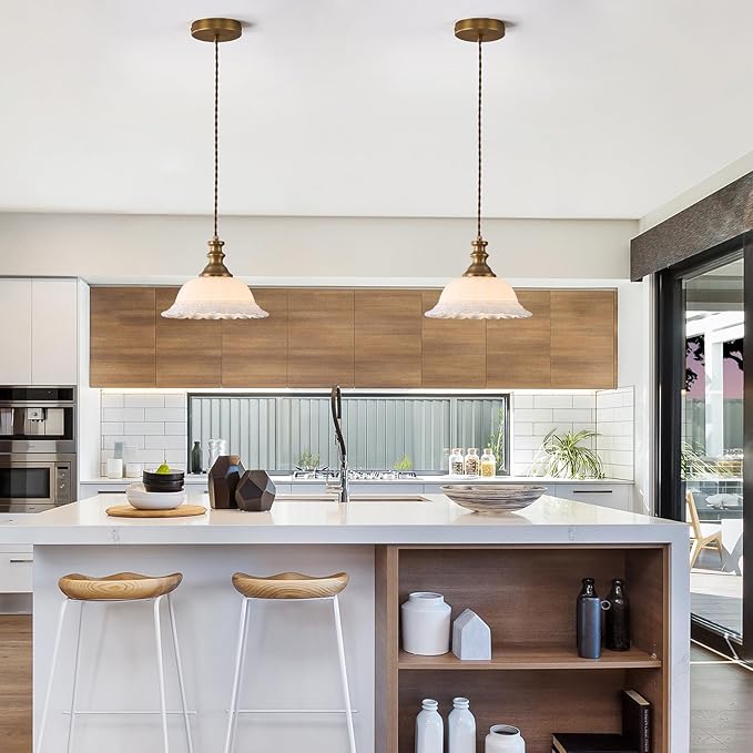 HDDFL Glass Pendant Lights Modern Pendant Lighting Fixtures Hanging Lamp for Kitchen Island Bedroom Dining Room Coffee Shop Hallway White and Brass 2 Pack