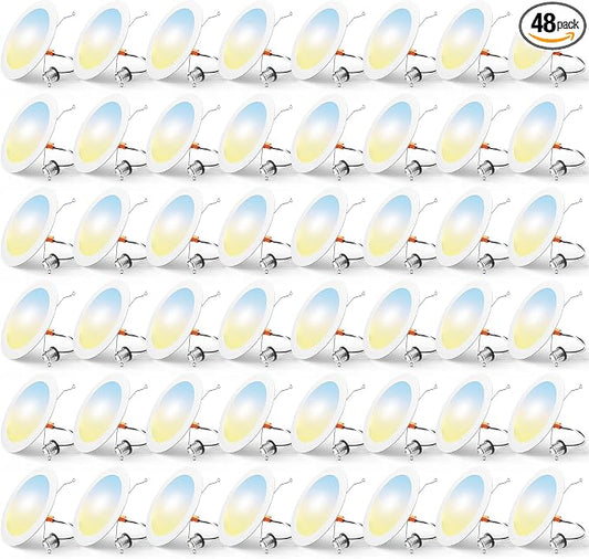 FREELICHT 48 Pack Retrofit LED Recessed Lighting 6 Inch, Selectable 2700K/3000K/4000K/5000K/6000K, Dimmable Flat LED Can Lights, 10W=110W, 1000LM, IC & Damp Rated, ETL & FCC, White