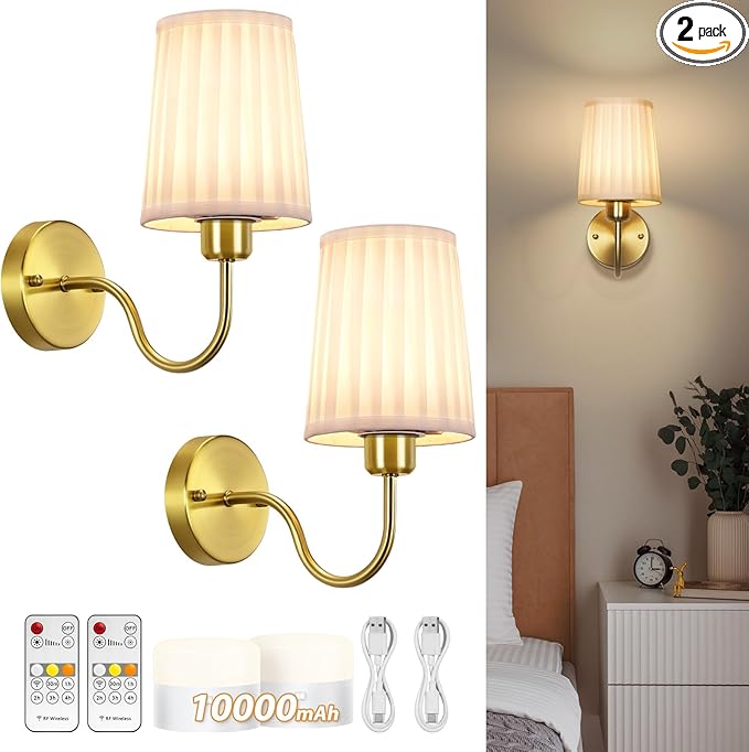 Battery Operated Wall Sconce Set of Two, Wireless Wall Sconces with 10000mAh Dimming Magnetic Bulb, Rechargeable Wall Sconce with Pleated Fabric for Bedroom Living Room Gallery Hallway, Gold