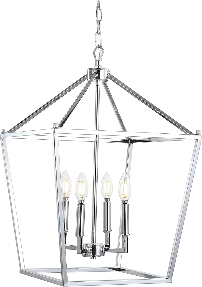 JONATHAN Y 16" Chrome Lantern Pendant Light, 1-Light Pagoda Style Metal Cage Farmhouse Hanging Ceiling Fixture for Kitchen Island, LED Bulb Included (JYL7437C)