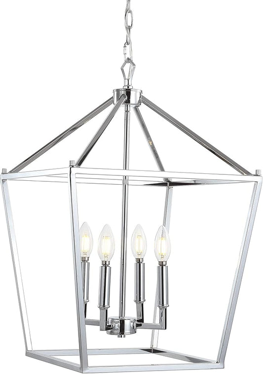 JONATHAN Y 16" Chrome Lantern Pendant Light, 1-Light Pagoda Style Metal Cage Farmhouse Hanging Ceiling Fixture for Kitchen Island, LED Bulb Included (JYL7437C)
