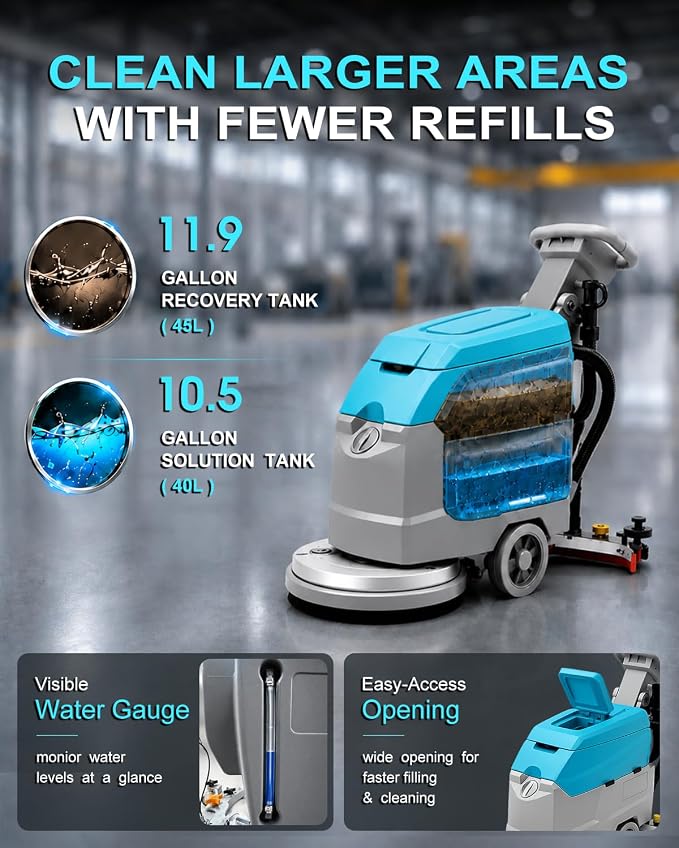 20" Brush Walk Behind Floor Scrubber Machine, 31.5" Squeegee, 12 Gallon Recovery Tank, Cordless Commercial Floor Cleaning Machine with 24V/65Ah Li-ion Battery, 23,140 sq.ft/h Efficiency