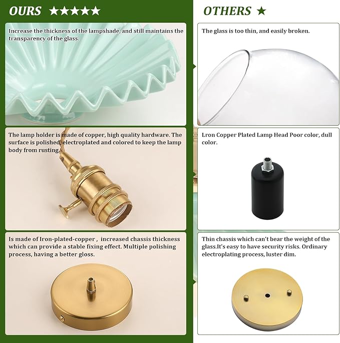 Shenmoyl Pendant Light with Green Pleated Ceramic Lmapshade, Brass Vintage Pendant Light Adjustable Hanging Light for Kitchen Island Dining Room Hallway