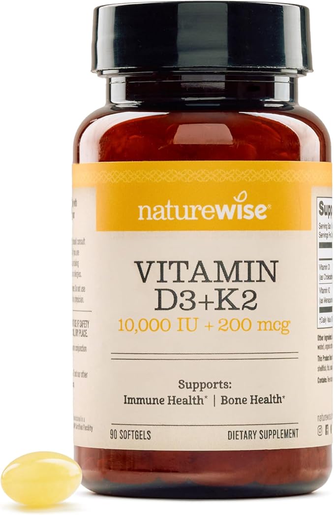 NatureWise Vitamine D3 10 000 UI et K2 (MK-7) 200 µg avec huile de noix de coco extra vierge biologique – Favorise l'absorption du calcium, la santé des os, du cœur et du système immunitaire – Sans OGM, sans soja et sans gluten – 90 capsules molles