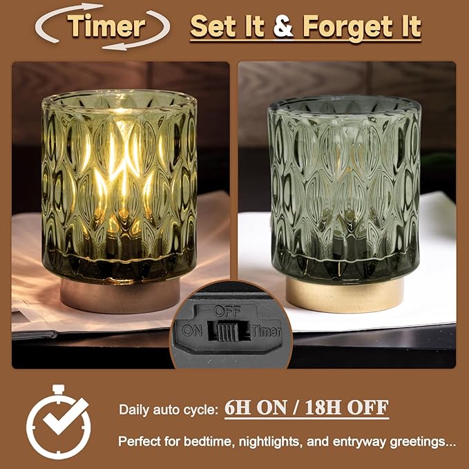 Battery Operated Table Lamps Timer, Mini Crystal Lamp for Area No Plug, Cordless Lamp with LED Bulb for Power Outage, Decorative Lamps for Tabletop/Corner/Entryway/Stairway/Bathroom (2 Green)