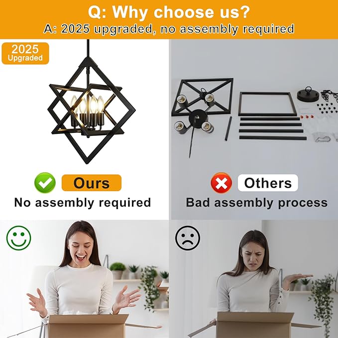 2 Pack Modern Black Chandelier for Dining Room (18",4-Light), No Assembly Required Dining Room Light Fixture Over Table, Industrial Hanging Pendant Lights Fixture for Kitchen Island, Entryway, Foyer