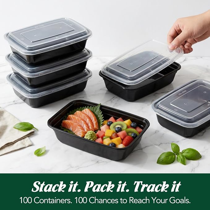 Glotoch Express Meal Prep Containers with Lids 32oz 100 Pack (200 Piece) | Reusable Sturdy Food Containers Leakproof Airtight Microwave Freezer Safe Plastic Bento Lunch Boxes for To Go Takeout
