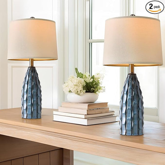USumkky Ceramic Table Lamps Set of 2, 23.75" Modern Farmhouse Bedside Lamp - Blue Nightstand Lamps for Bedroom, Boho Living Room End Tables, Small Office Desk Lamp Decor
