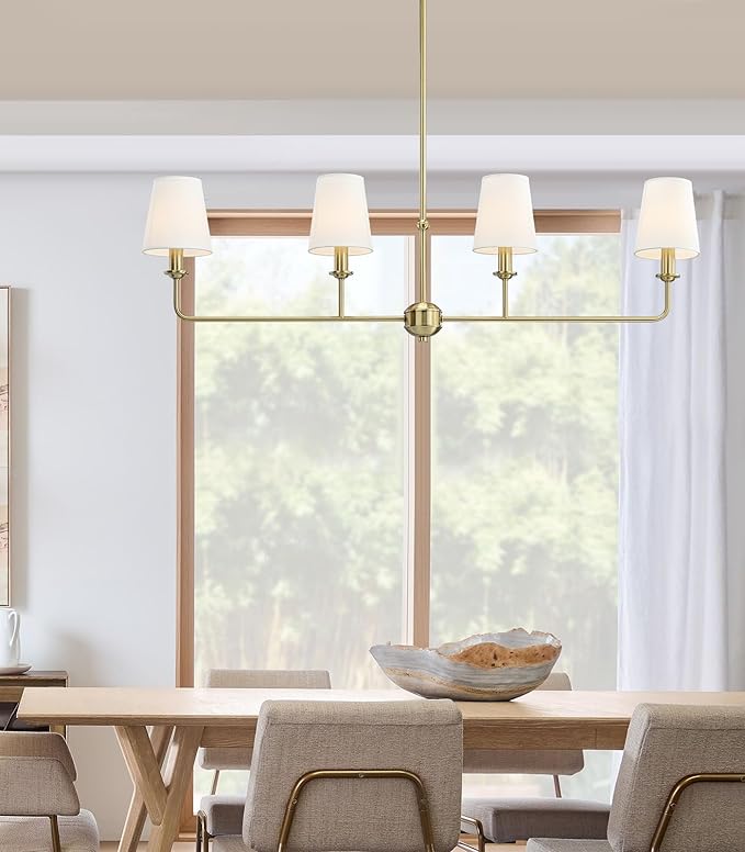 4-Light Brushed Gold Chandelier, Height Adjustable Island Dining Room Light with White Fabric Shades, E12 Base, Farmhouse & Industrial Style for Kitchen Living Room