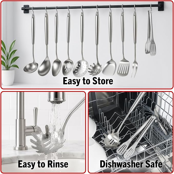 Newness 304 Stainless Steel Spaghetti Server with Teeth and Spaghetti Tong | [Rustproof, Integral Forming, Durable] Pasta Spoon with Teeth, Vacuum Ergonomic Handle, Comfortable Grip Design Pasta Server