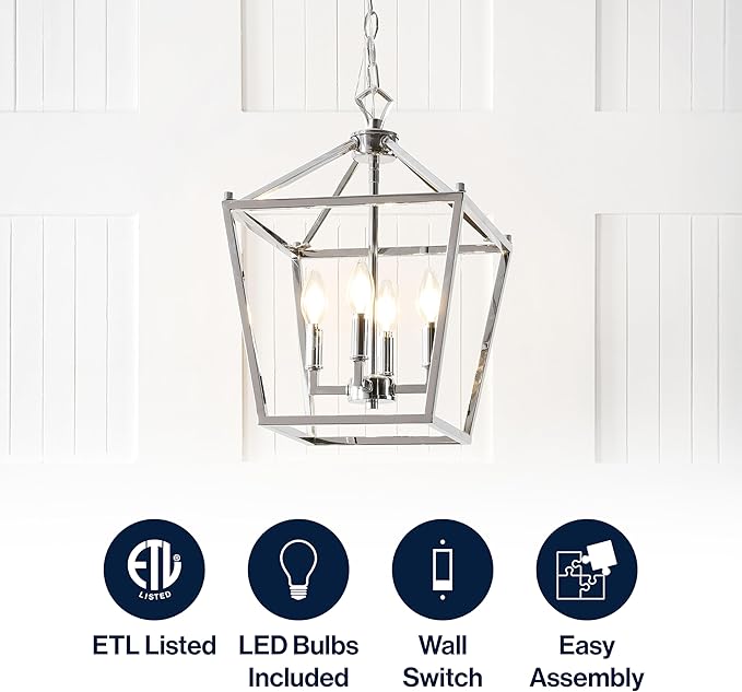 JONATHAN Y 12" Chrome Lantern Pendant Light, 1-Light Pagoda Style Metal Cage Farmhouse Hanging Ceiling Fixture for Kitchen Island, LED Bulb Included (JYL7436C)