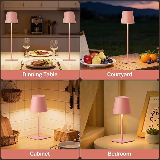 Kakanuo Pink Cordless Rechargeable Table Lamp, 2 Pack Portable Desk Lamp with 5000mAh Battery, Touch Control Stepless Dimming, Wireless Night Light for Dining, Outdoor Camping, Coffee Shop