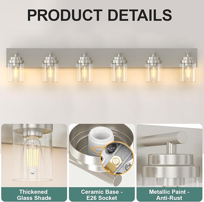 IZORRO Bathroom Vanity Light Fixture, 6-Light 46 Inch Brushed Nickel Bathroom Light Fixtures Over Mirror, with Clear Glass Shade, Modern Farmhouse Vanity Lights, Rustic Restroom Lighting Fixtures