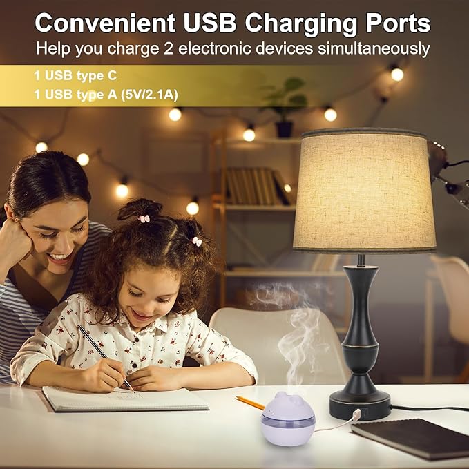 LALISU Touch Lamps for Bedrooms Set of 2, Farmhouse Table Lamp with USB C Charging Port, 3 Way Dimmable Nightstand Lamps with Linen Fabric Lampshade for Bedroom, Living Room (Pack2-Black)