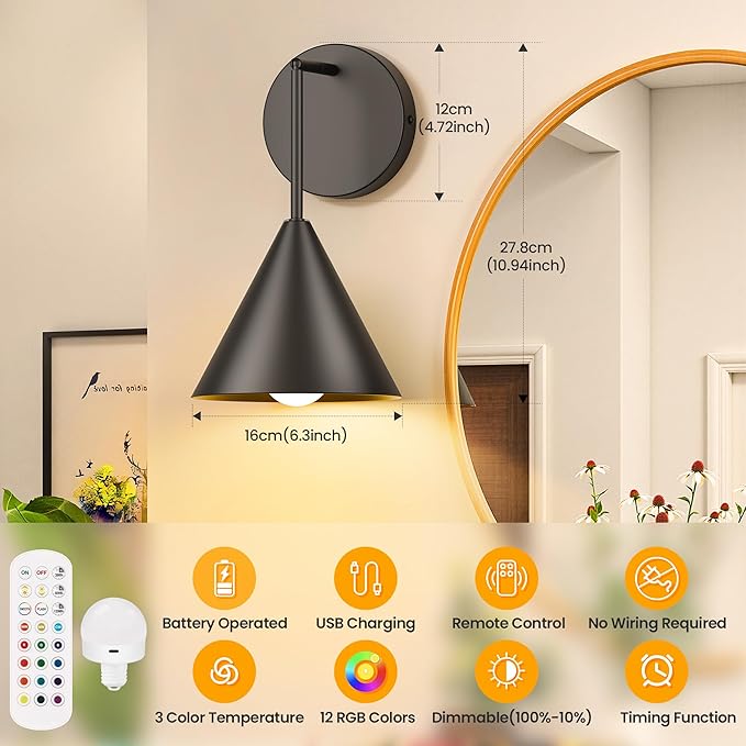 MATAMEYE Rechargeable Wall Sconce, Black Wireless Battery Operated Wall Lamp with Remote, Dimmable & Timer, Modern Industrial Indoor Light Fixture, Bulb Included
