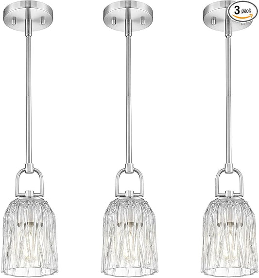 FEMILA 3 Pack Pendant Lights Kitchen Island, Brushed Nickel Glass Pendant Light for Kitchen Island Bedroom Hotel, 4FH83MIL-3PK BN
