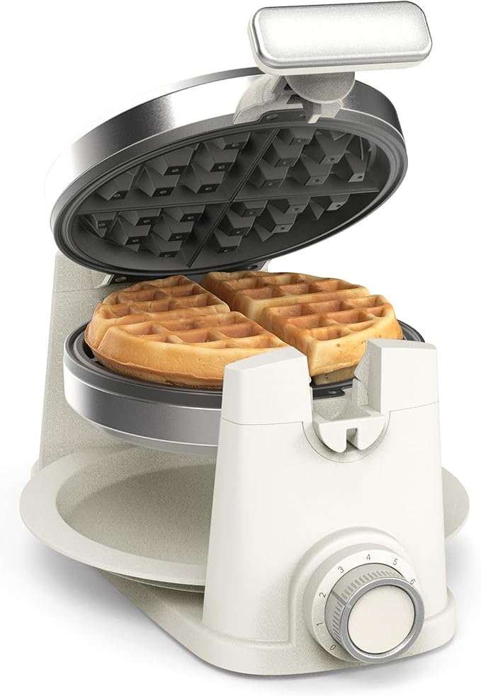 Martha Stewart Rotating Waffle Maker, 180° Flip Iron with PFAS-Free Nonstick Plates, Adjustable Timer, Ready Light, Drip Tray, Space Saving, Classic Round 7”, Easy to Clean, Stainless Steel, Linen