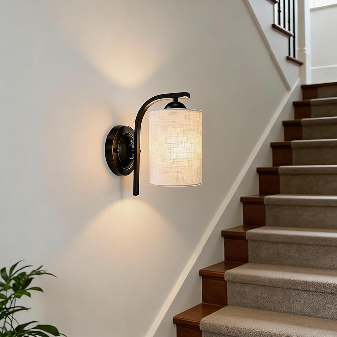 Wall Sconces Lights Lamp for Bedroom Bathroom, Modern Vanity Light Fixtures, Matte Black Farmhouse Wall Mount Lighting Lanterns with Fabric Shade for Living Room Mirror Hallway Kitchen
