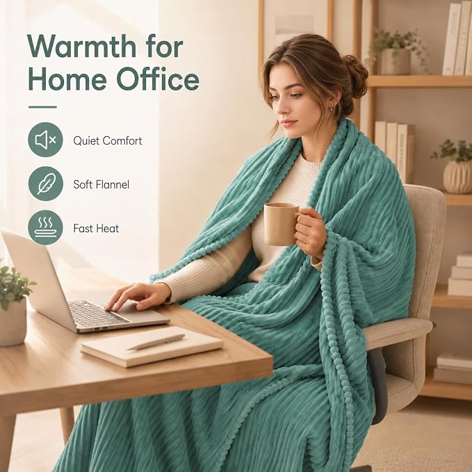 Electric Heated Blanket Queen Size 84"x90" with Cozy Flannel, 6 Heat Settings & 10 Hours Auto Off, Soft & Cozy Warming Throw for Home, Office, or Bed, Machine Washable, Bean Green