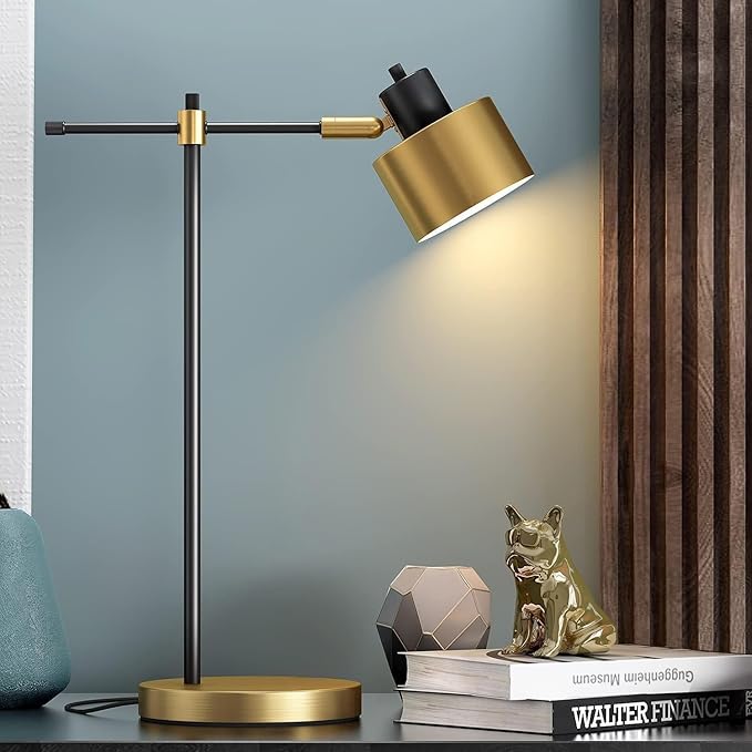 OYEARS 22.2" Modern Desk Lamp, Metal Table Lamp with LED Bulb, Adjustable Reading Lamps for Living Room, Mid Century Task Lamp for Home Office, Industrial Bedside Lamps with Solid Base,Black and Gold