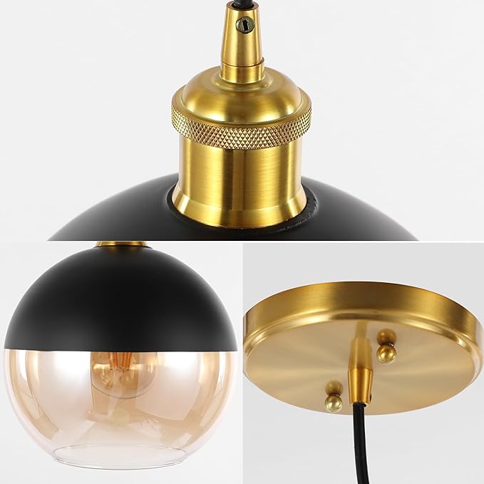 JONATHAN Y 7.5" Brass Gold/Black 1-Light Mid-Century Modern Globe Pendant Light, Adjustable LED Hanging Ceiling Fixture, Champagne Smoked Glass Shade for Kitchen Island (JYL3513A-SET2)