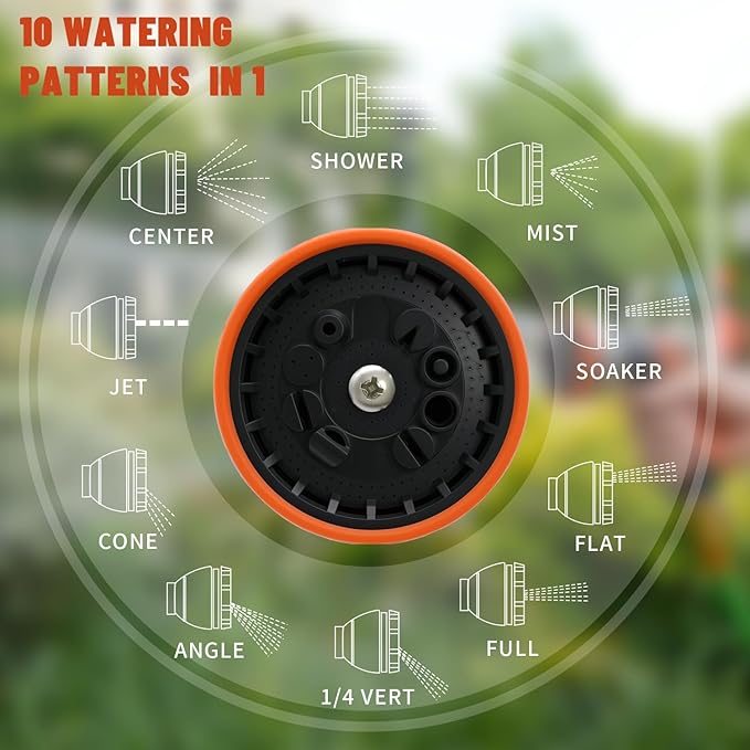 Garden Hose Nozzle, Hose Sprayer Nozzle with 10 Spray Patterns, Thumb Control On Off Valve, High Pressure Metal Water Hose Nozzle for Car Wash, Plants, Pets & Outdoor Cleaning, Orange