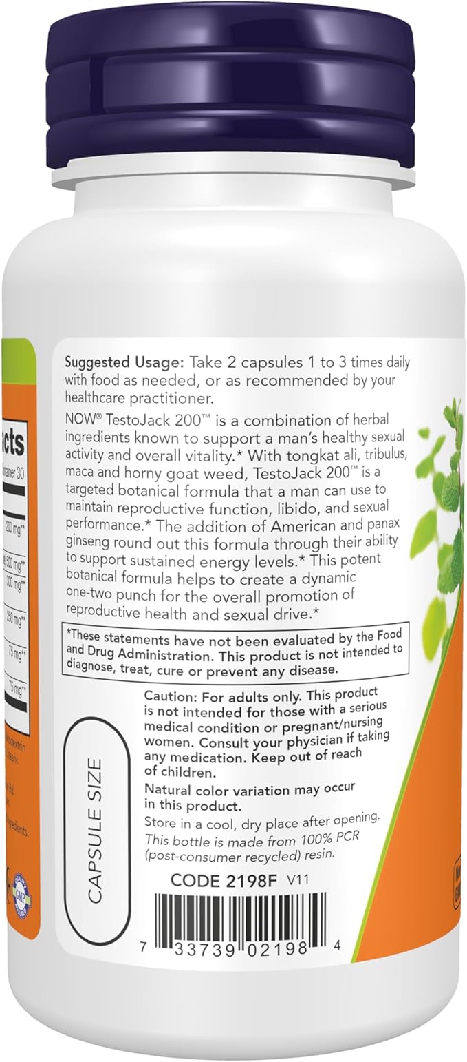 NOW Foods Supplements, TestoJack™ 200 with Tongkat Ali, Tribulus, Maca and Horny Goat Weed, 60 Veg Capsules