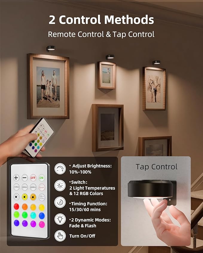 EZVALO Picture Lights for Wall, Rechargeable Battery Magnetic Poster Lights with 3 Color Temps & 12 RGB, Remote Dimmable Timer Light, Wall Decor Light for Art Display (6 Pack with Charging Station)