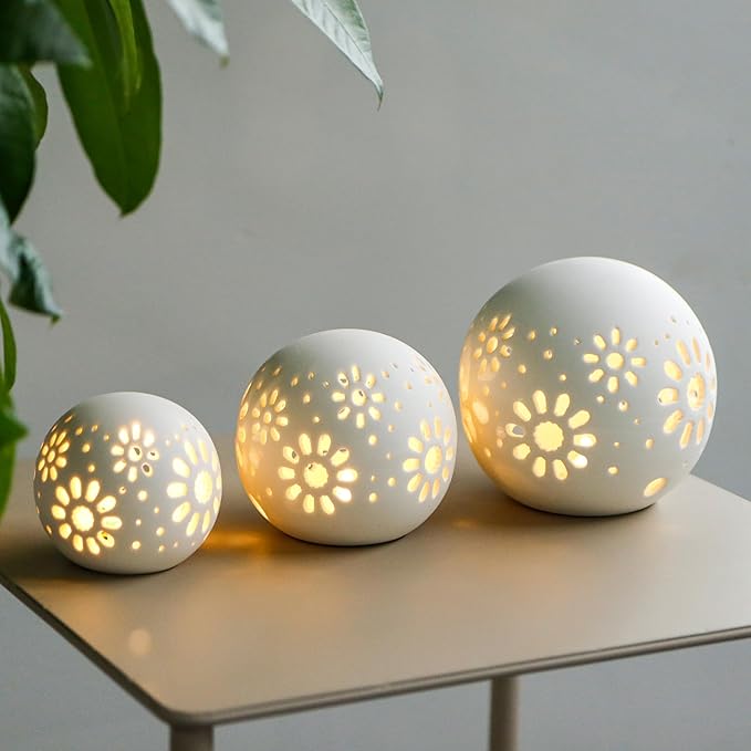 JHY DESIGN Set of 3 Ceramic Decorative Lamp 5" H Battery Powered Lamp Floral Carved Cordless Lamp Great for Living Room Bedroom Weddings Parties Patio Events (White)