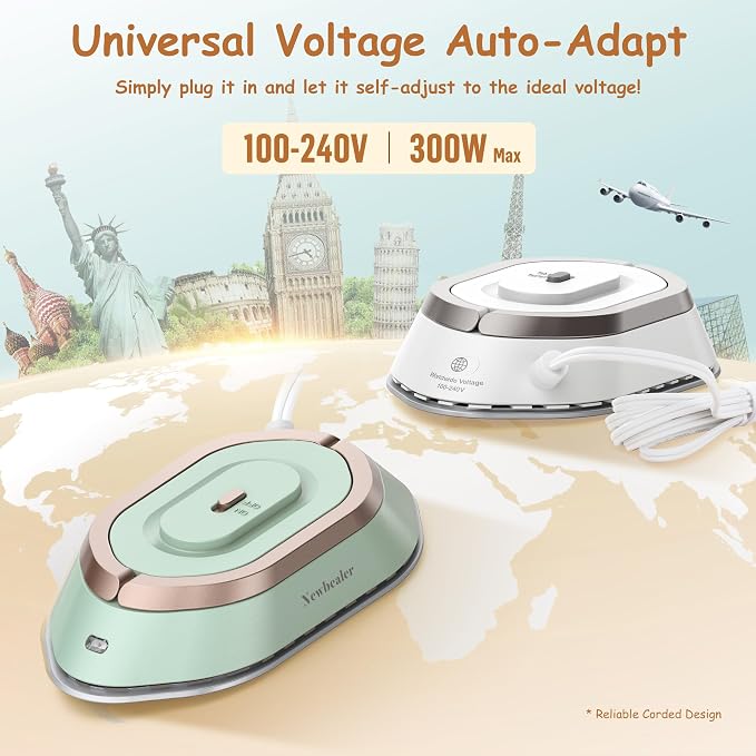 Newbealer Travel Iron Set, 100-240V Mini Dry Iron for Clothes (No Steam) | Max 300W, Heats in 60s, 302℉ Ceramic Soleplate, Handy Heat Press, 0.8lbs Lightweight for Quick Touch-ups Worldwide (Green)
