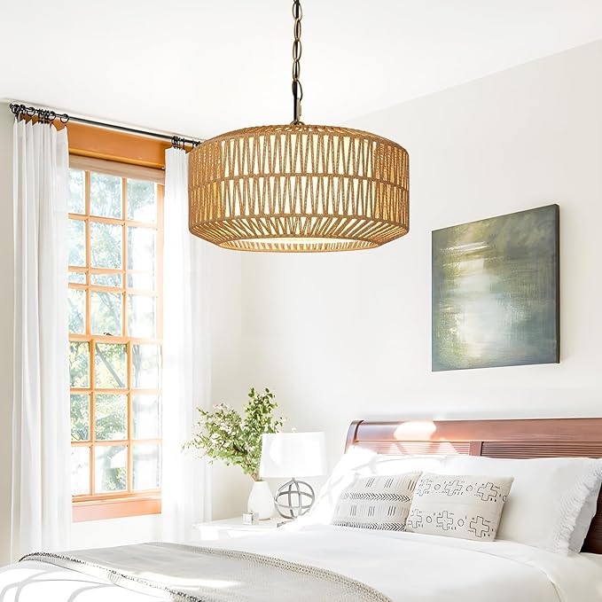 9"-52" Height Adjustable Farmhouse Chandelier Light Fixture, 5-Light Rattan Boho Chandeliers for Dining Room, Hand Woven Pendant Light with Linen Shade, Rustic Hanging Lighting for Kitchen Island