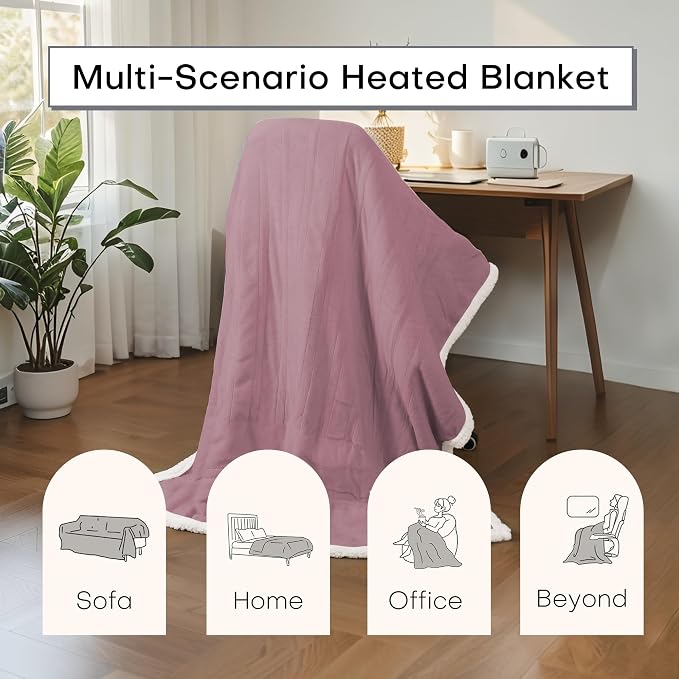 Electric Heated Blanket Throw Size 50"x60" – ETL Certified for Safe Overnight, 4 Heat Settings & 3H Auto Off, Dual-Sided Microplush Sherpa for Home Theater Night, Machine Washable – Berry