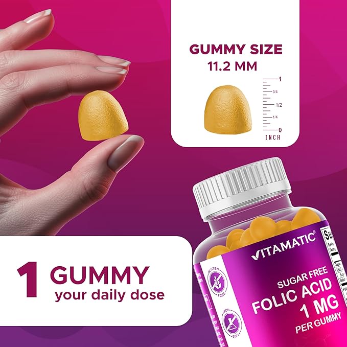 Vitamatic Folic Acid Gummies 1000 mcg (1 mg) – Essential Prenatal Vitamin B9 for Mom & Baby – 120 Vegan Gummies per Bottle – 2 Pack